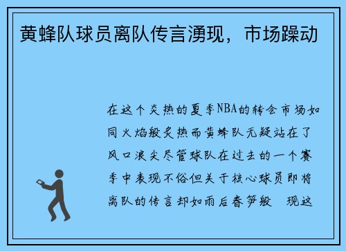黄蜂队球员离队传言湧现，市场躁动