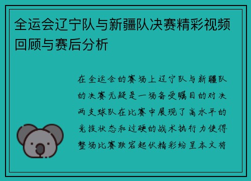 全运会辽宁队与新疆队决赛精彩视频回顾与赛后分析